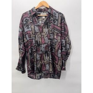 VTG UTOPIA Mens 100% Silk Long Sleeve Button Down Geometric Shirt Small purple